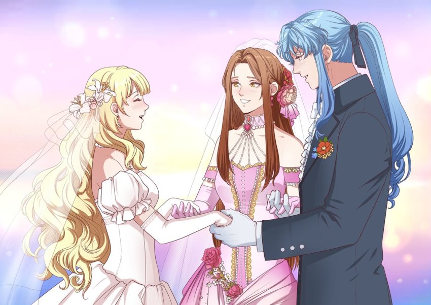 1boy, 2girls, ascot, autumn-sacura, beware_the_villainess, bisexual_female, blonde_hair, blue_hair, blush, brown_hair, closed_eyes, dress, elbow_gloves, formal_clothes, gloves, holding_hands, husband_and_wife, husband_and_wives, long_hair, melissa_foddebrat, multiple_girls, nine_forton, pink_dress, polygamy, ponytail, suit, wedding_dress, white_dress, wife_and_wife, yuri_elizabeth