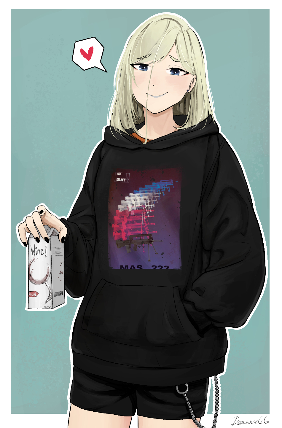 1girl, alcohol_carton, artist_name, bag, black_hoodie, black_nails, black_shorts, blonde_hair