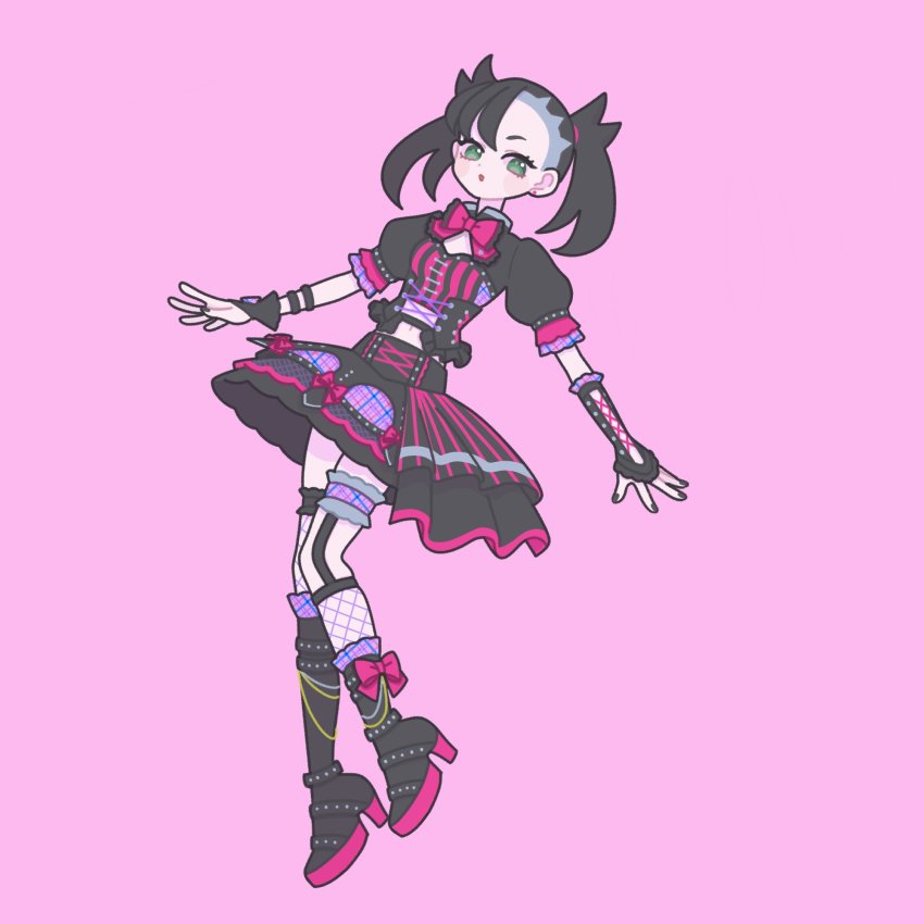 1girl, alternate_costume, asymmetrical_bangs, black_boots, black_hair, black_nails, black_shirt, black_skirt, blush_stickers, boots, bow, bowtie, commentary_request, earrings, eyelashes, fishnet_legwear, fishnets, frilled_thigh_strap, green_eyes, high_heel_boots, high_heels, highres, jewelry, looking_at_viewer, marnie_(pokemon), nail_polish, navel, nintendo, nyaasechan, pokemon, pokemon_sword_and_shield, purple_bow, shirt, short_sleeves, skirt, solo, thigh_strap