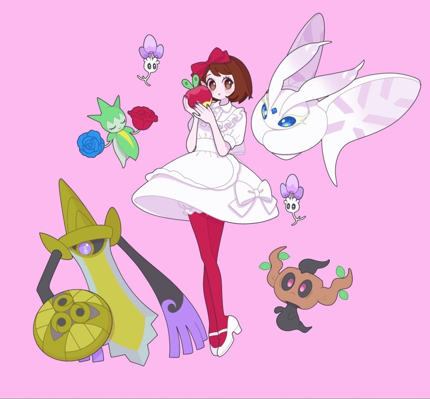 1girl, aegislash, alternate_costume, applin, bob_cut, bow, brown_eyes, brown_hair