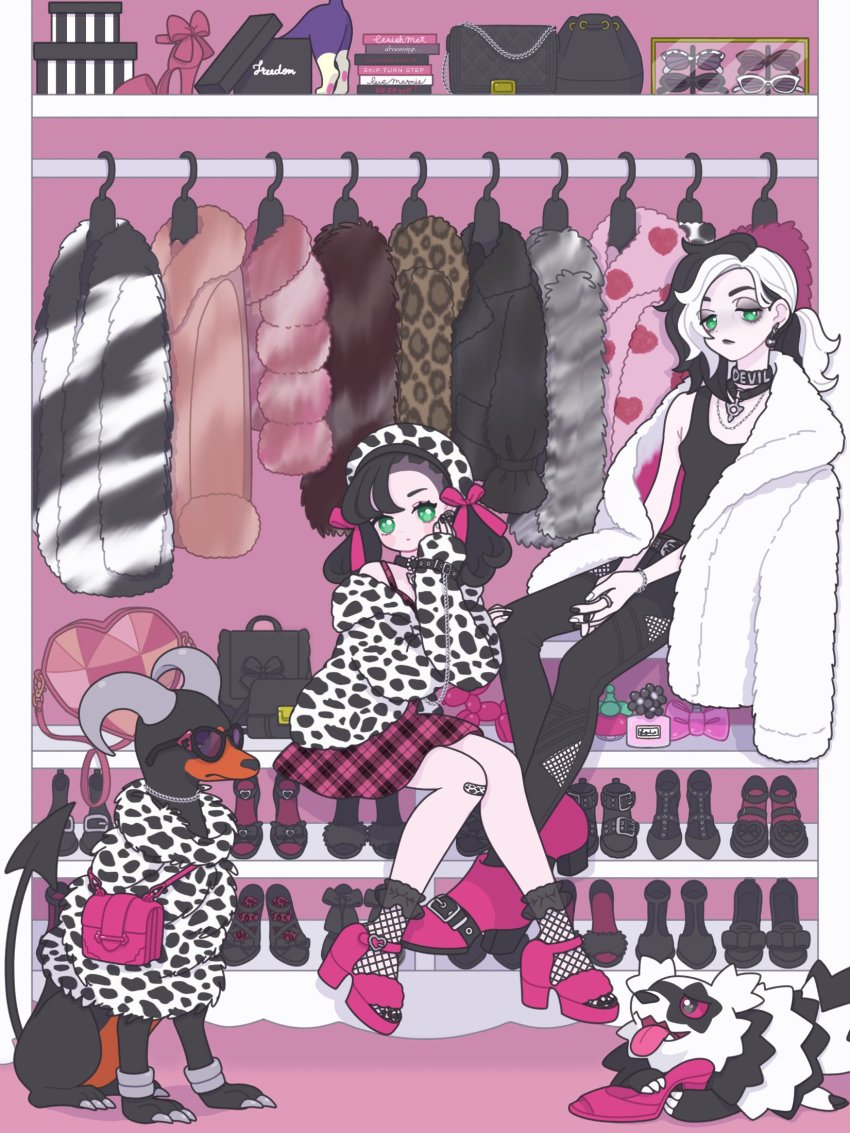 1boy, 1girl, alternate_costume, animal_print, asymmetrical_bangs, black_choker, black_hair, black_pants