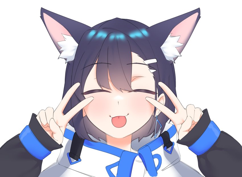 1girl, ^_^, amemachi_hanabi, animal_ear_fluff, blush, closed_eyes, commentary, double_v, english_commentary, hair_behind_ear, hair_ornament, hairclip, highres, jacket, kijikoru, portrait, short_hair, solo, tongue, tongue_out, tsunderia, v, virtual_youtuber, white_jacket