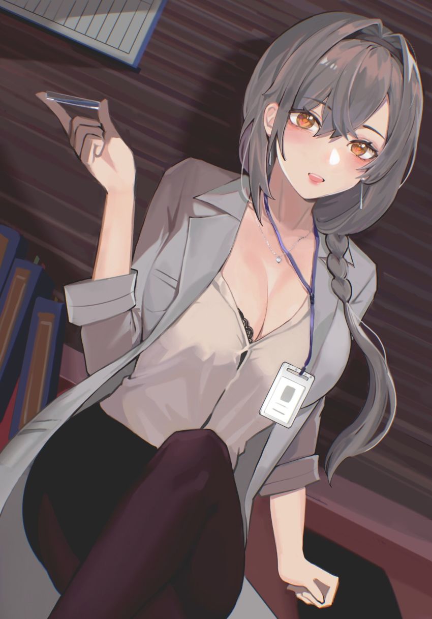 1girl, azur_lane, black_bra, black_legwear, bra, bra_peek, bra_visible_through_clothes, braid, braided_ponytail, breasts, cleavage, coat, crossed_legs, doctor, eagle_(azur_lane), eagle_(eagle's_clinic)_(azur_lane), grey_hair, hairband, happy, highres, id_card, jewelry, jintianhuahualema, large_breasts, necklace, nurse, office_lady, open_mouth, smile, solo, underwear, yellow_eyes