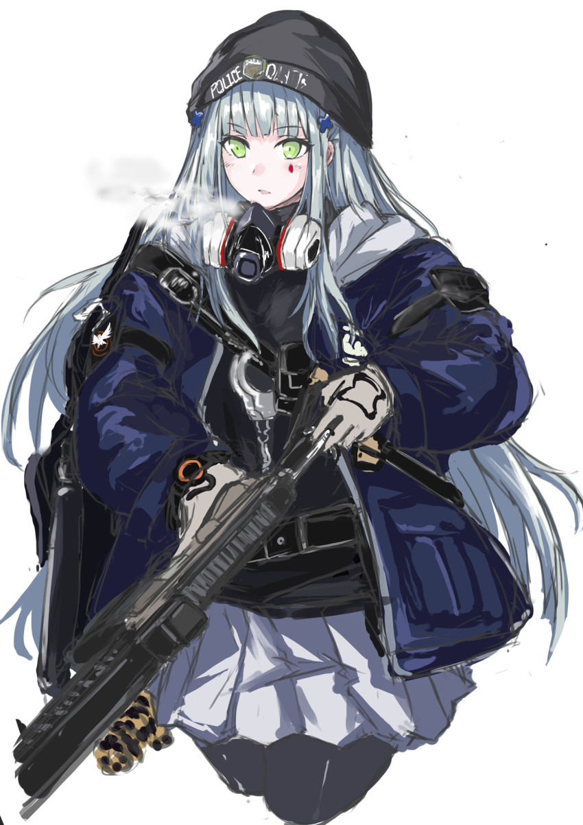 1girl, agent_416_(girls'_frontline), agent_416_(shield_of_manhattan)_(girls'_frontline), assault_rifle, beanie, black_hat, blue_jacket, breath