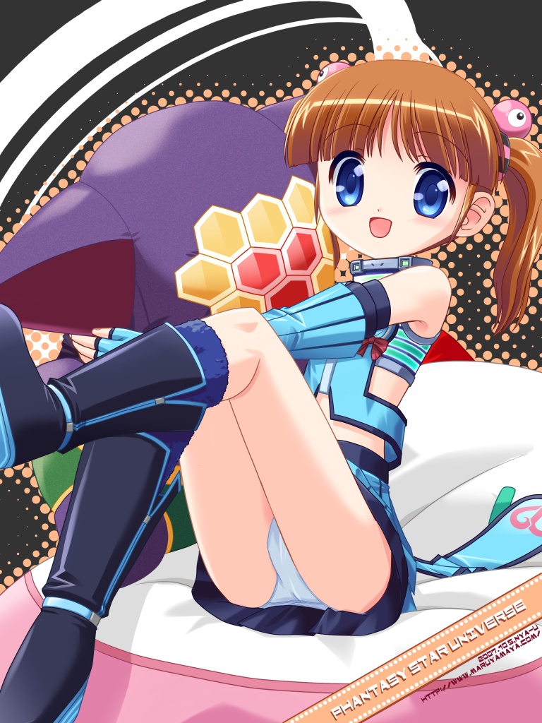 00s, 1girl, 2007, :d, bare_shoulders, blue_eyes, blunt_bangs, blush, boots, brown_hair, character_doll, copyright_name, detached_sleeves, doll, elbow_gloves, female_focus, gloves, grey_background, hair_bobbles, hair_ornament, halftone, halterneck, knee_boots, loli, long_hair, looking_at_viewer, lumia_waber, midriff, open_mouth, pannon, panties, pantyshot, phantasy_star, phantasy_star_universe, pillow, s_nyaau, sitting, skirt, sleeveless, smile, solo, stuffed_toy, twintails, underwear, upskirt, white_panties