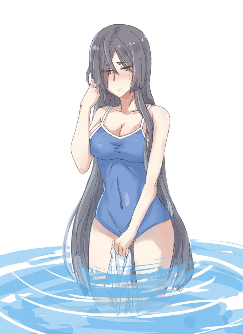 1girl, bare_shoulders, black_hair, blue_one-piece_swimsuit, blush, breasts, cleavage, closed_mouth