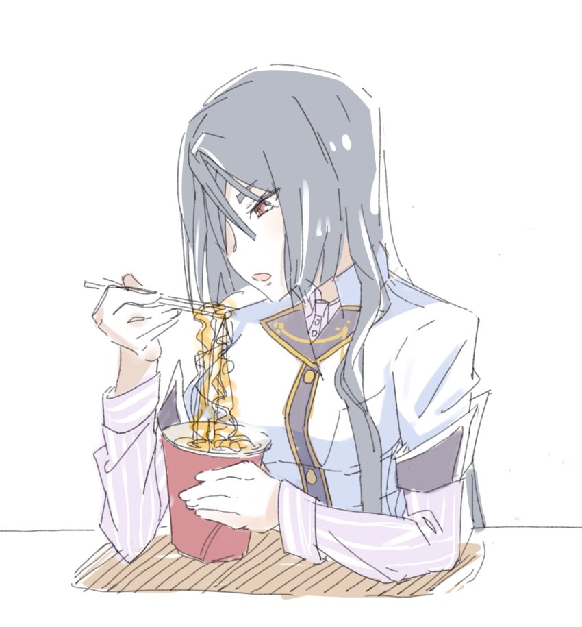1girl, brown_hair, chopsticks, instant_cup_noodles, eating, eyes_visible_through_hair, food, grey_hair, highres, holding, holding_chopsticks, instant_noodles, long_hair, long_sleeves, noodles, open_mouth, origami_yukari, pajamas, ramen, simple_background, sitting, sketch, sleeves_rolled_up, solo, toji_no_miko, white_background, yukikuma_(yukikuma_018), yukikuma_017