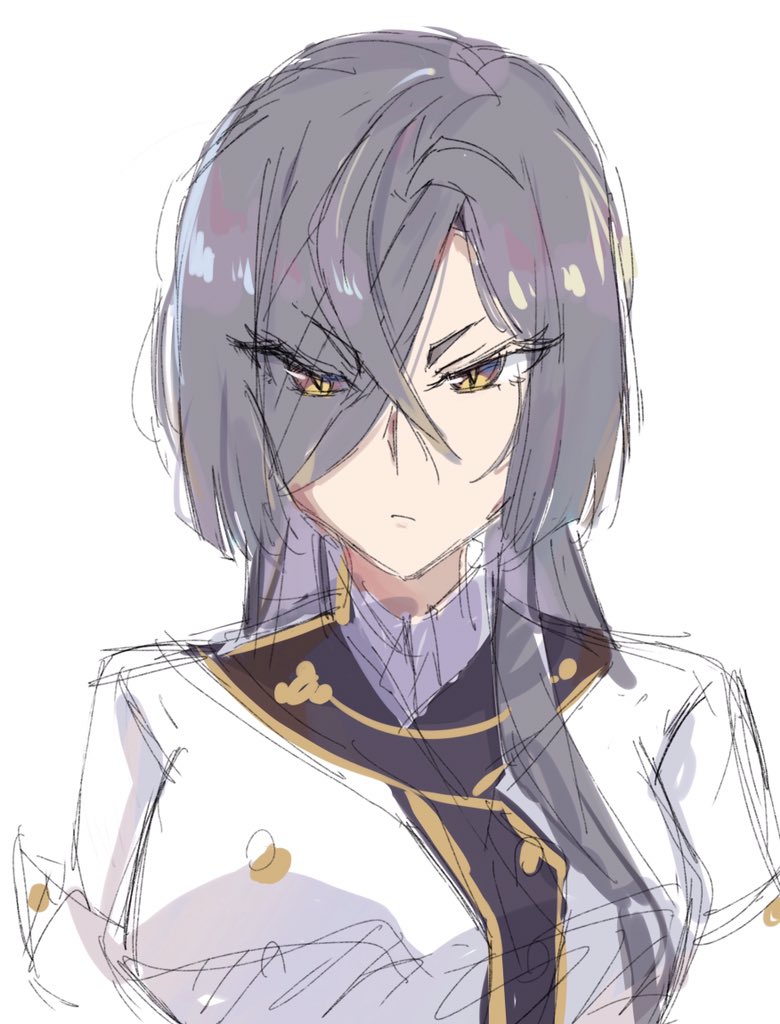 1girl, breasts, closed_mouth, collar, grey_hair, hair_over_one_eye, long_hair, looking_at_viewer, origami_yukari, simple_background, sketch, slit_pupils, solo, toji_no_miko, upper_body, white_background, white_collar, yellow_eyes, yukikuma_(yukikuma_018), yukikuma_017