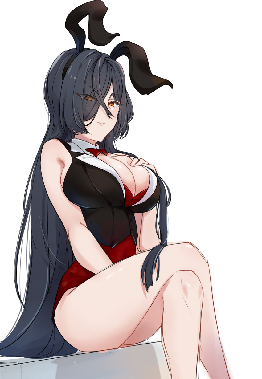 1girl, animal_ears, bare_shoulders, bow, breasts, crossed_legs, fake_animal_ears, highres, long_hair, looking_at_breasts, origami_yukari, parted_lips, playboy_bunny, rabbit_ears, red_neckwear, sitting, sketch, solo, thighs, toji_no_miko, very_long_hair, white_background, yukikuma_(yukikuma_018)