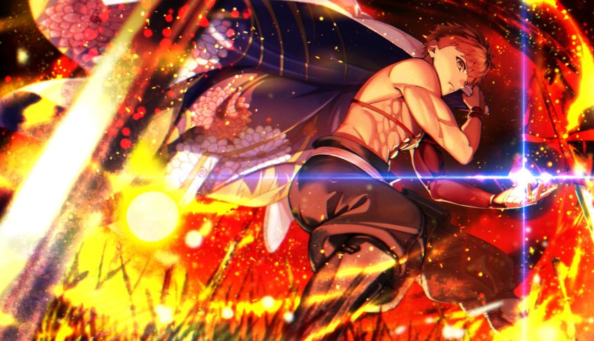1boy, akemori, blurry, cowboy_shot, depth_of_field, embers, emiya_shirou, fate/grand_order, fate_(series), field_of_blades, fire, floral_print, glowing, highres, limited/zero_over, male_focus, orange_eyes, pants, pants_tucked_in, planted, planted_sword, planted_weapon, red_hair, senji_muramasa_(fate), solo, sword, toned, toned_male, weapon, wristband