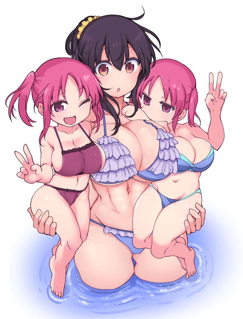 3girls, :o, ;d, barefoot, bikini, black_hair, blue_bikini, breasts, brown_eyes, carrying, commentary_request, cool-kyou_shinja, frilled_bikini, frills, hair_between_eyes, hair_ornament, hair_scrunchie, hand_up, highres, komori_shuri, large_breasts, looking_at_viewer, multiple_girls, navel, one_eye_closed, open_mouth, oppai_loli, original, partially_submerged, pink_eyes, pink_hair, purple_bikini, red_bikini, scrunchie, short_hair, simple_background, smile, swimsuit, toes, twintails, v, water, white_background, yellow_scrunchie
