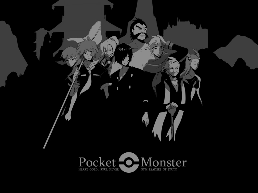 00s, 3girls, 5boys, bugsy_(pokemon), chuck_(pokemon), clair_(pokemon), copyright_name, facial_hair