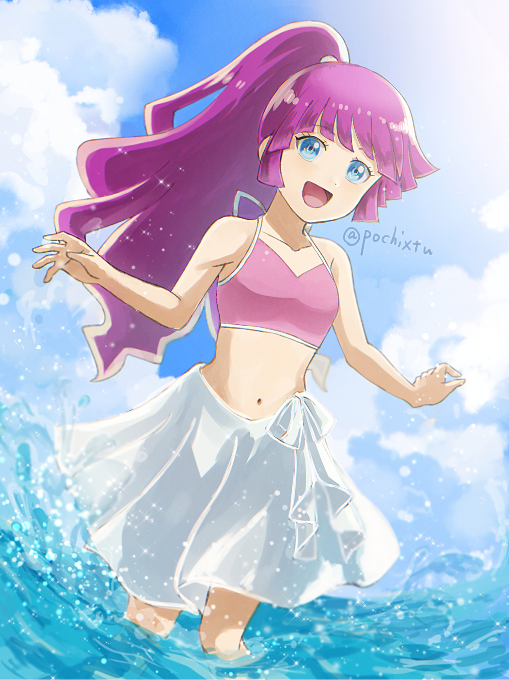 1girl, blue_eyes, blue_sky, breasts, cloud, highres, kirishima_romin, long_hair, looking_at_viewer, midriff, navel, pochi_(furaigonn), ponytail, purple_hair, sky, small_breasts, smile, solo, swimsuit, very_long_hair, water, yu-gi-oh!, yu-gi-oh!_sevens