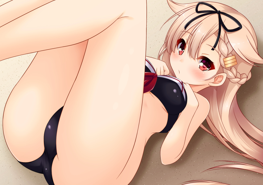 ass, bikini, black_bikini, blonde_hair, blush, braid, breasts, hair_flaps