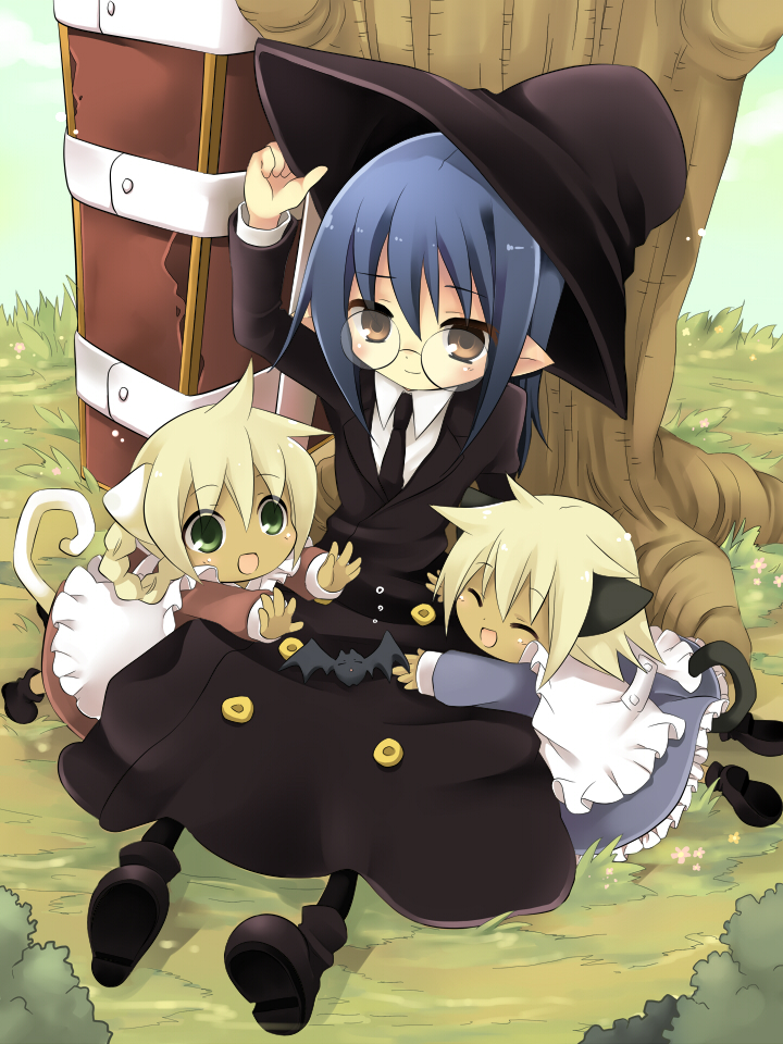 3girls, animal_ears, bat_(animal), cat_ears, cat_tail, coffin, dress, glasses