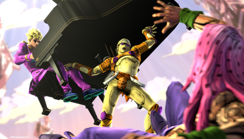 1other, 2boys, absurdres, blonde_hair, blouse, blurry, blurry_foreground, cloud, commentary, diavolo, english_commentary, giorno_giovanna, gold_experience, grand_piano, highres, instrument, jojo_no_kimyou_na_bouken, long_hair, multiple_boys, music, open_mouth, pants, piano, pink_hair, pink_pants, pink_shirt, playing_instrument, polka_dot_hair, purple_shirt, reckoman, serious, shirt, stand_(jojo), vento_aureo