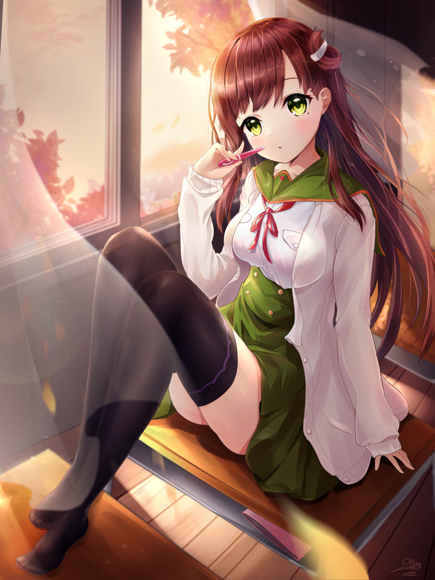 1girl, absurdres, breasts, brown_hair, classroom, curtains, desk, gakkou_gurashi!
