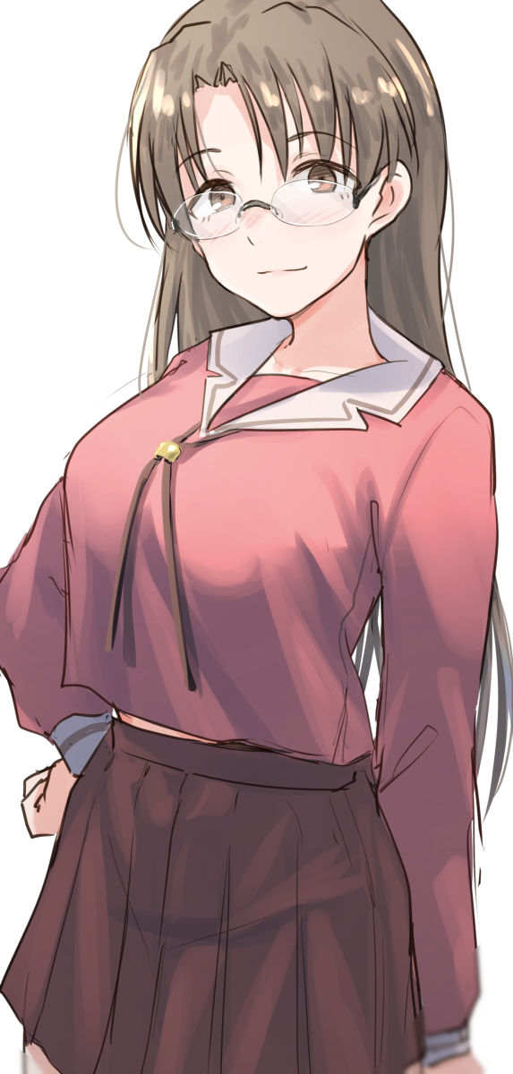 1girl, azumanga_daiou, breasts, brown_eyes, brown_hair, brown_skirt, cowboy_shot, dress