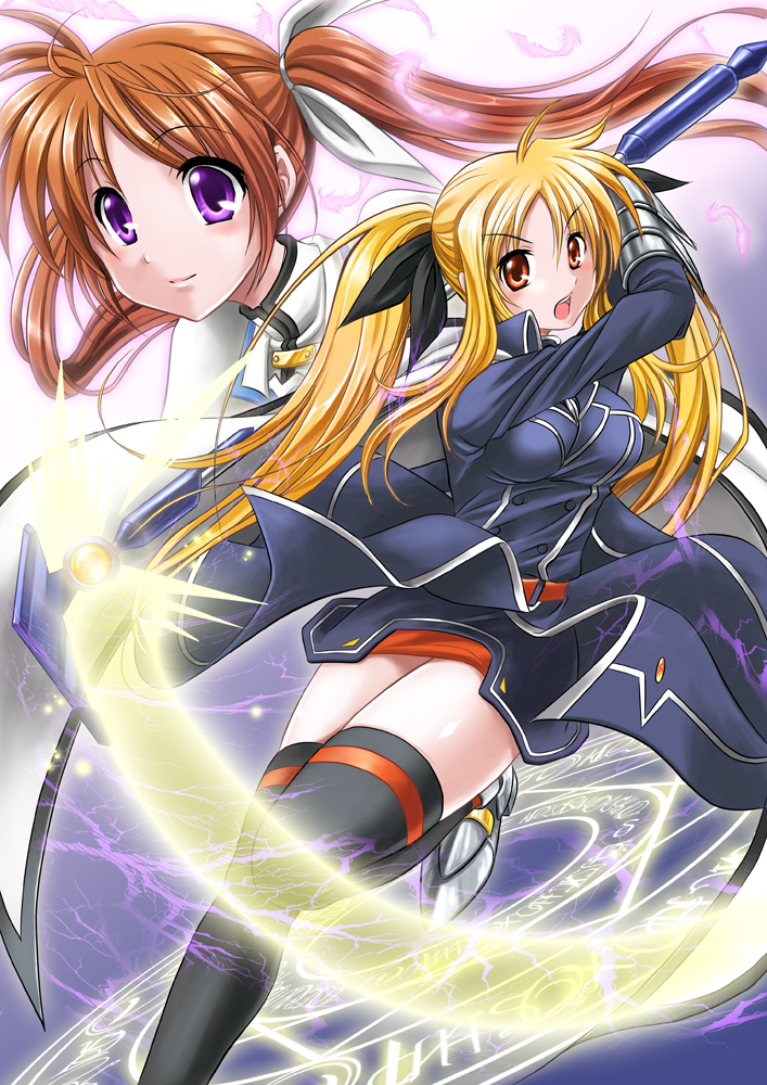 00s, 2girls, bad_id, bad_pixiv_id, bardiche_(haken_form)_(nanoha), bardiche_(nanoha), blonde_hair, brown_hair