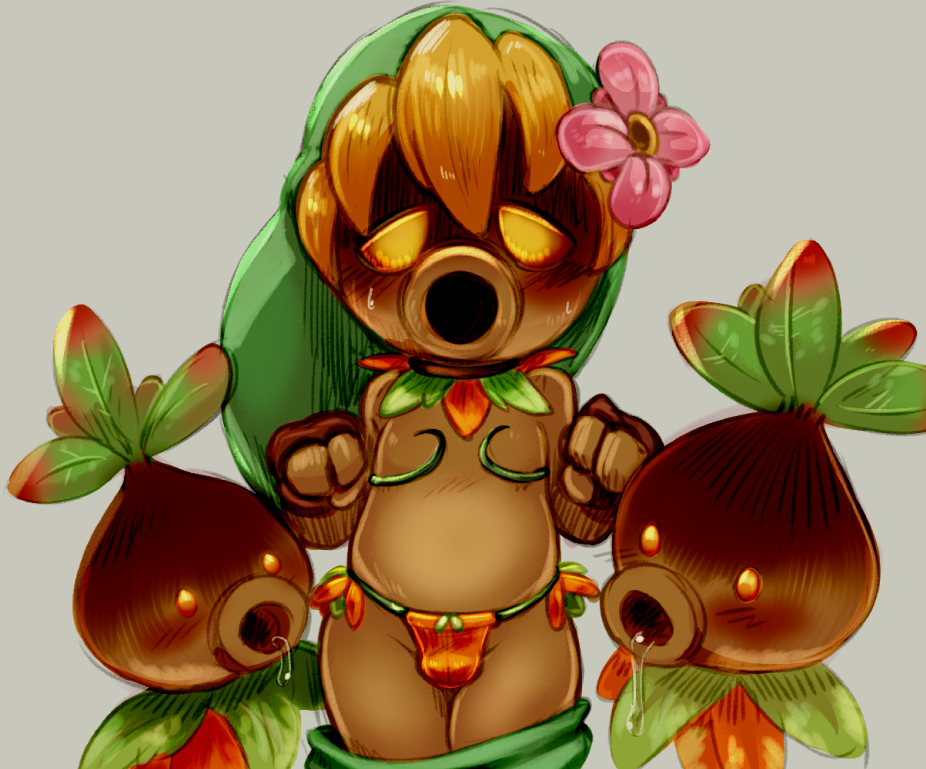 1boy, 2others, blonde_hair, blush, brown_gloves, bulge, dandi, deku_link, deku_scrub, flower, gloves, green_headwear, grey_background, groin, hair_flower, hair_ornament, hands_up, hat, link, long_hair, male_focus, multiple_others, nintendo, open_mouth, pink_flower, saliva, shota, sweat, the_legend_of_zelda, the_legend_of_zelda:_majora's_mask, yellow_eyes