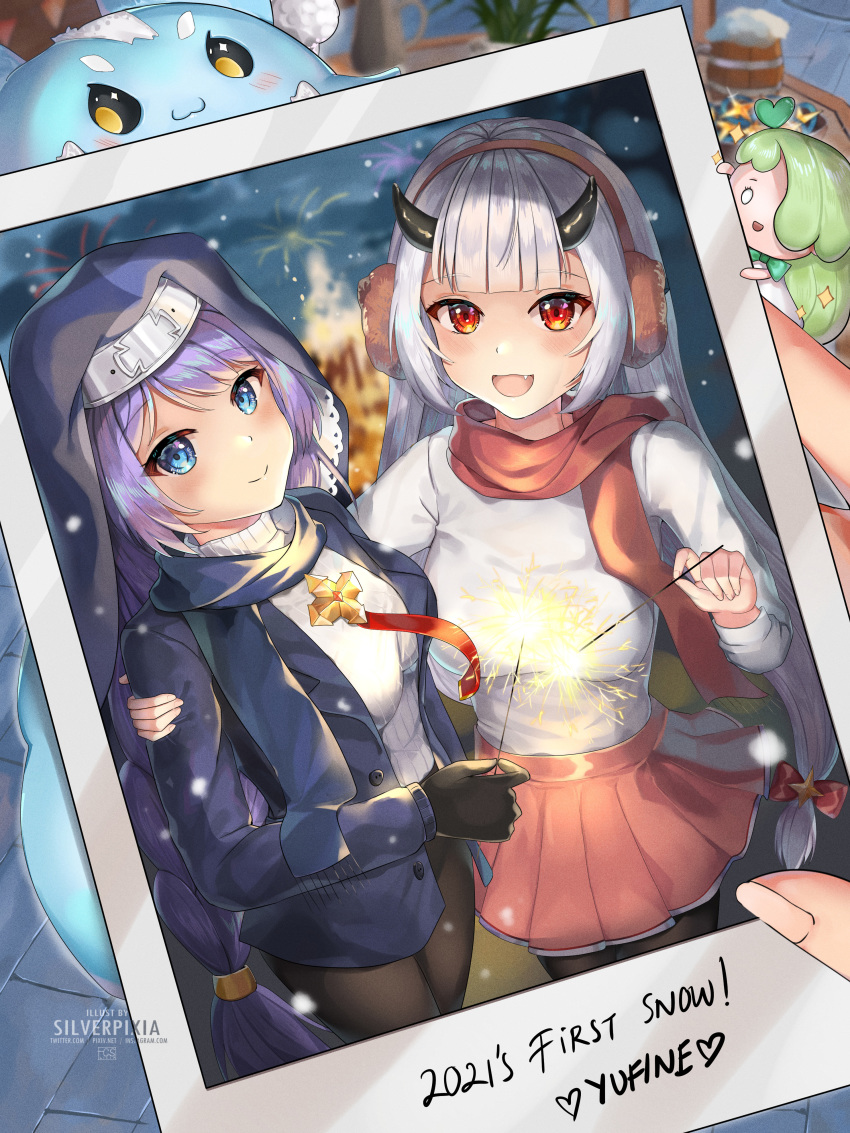 2girls, :d, absurdres, arkasus, artist_name, black_gloves, blue_eyes, clarissa_(epic_seven)