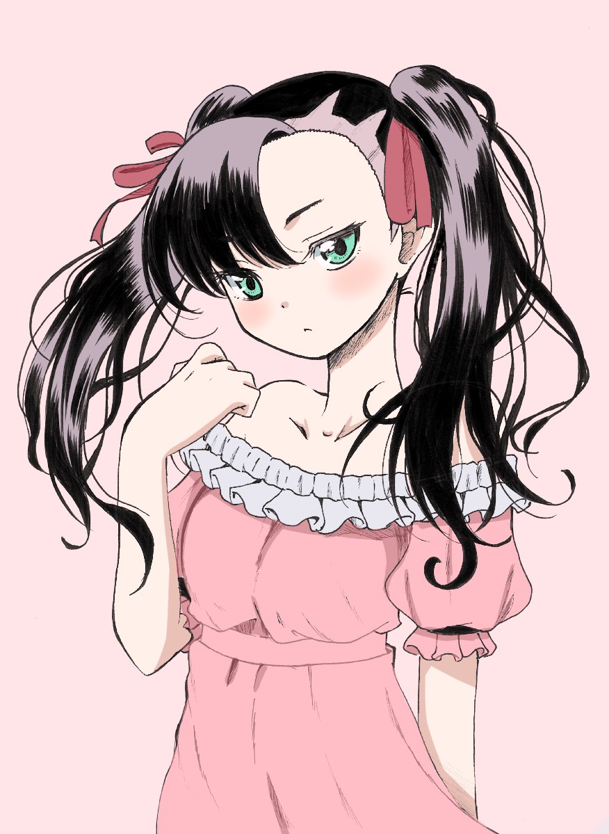 1girl, :<, asymmetrical_bangs, black_hair, blush, collarbone, dress, emapippi