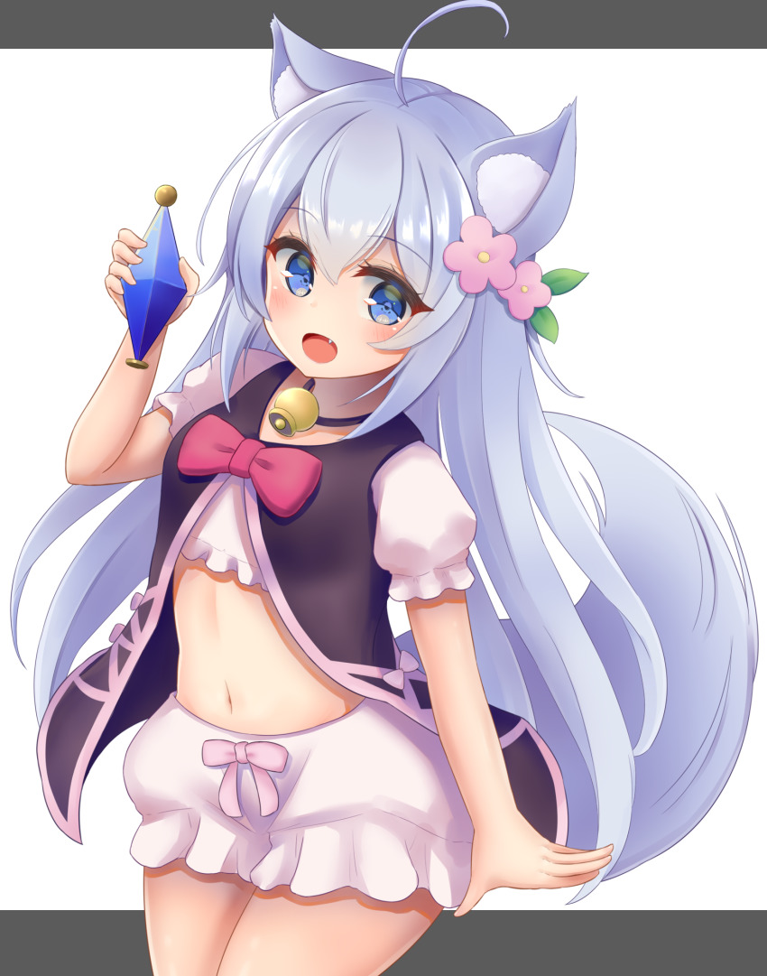 1girl, :d, ahoge, animal_ears, bell, bloomers, blue_eyes, bottle, cheat_kusushi_no_slow_life, commentary_request, flower, hair_between_eyes, hair_flower, hair_ornament, highres, holding, holding_bottle, long_hair, looking_at_viewer, midriff, minakami_mimimi, navel, neck_bell, noela_(cheat_kusushi_no_slow_life), open_mouth, short_sleeves, sidelocks, silver_hair, simple_background, smile, solo, tail, two-tone_background, underwear, white_background, wolf_ears, wolf_tail