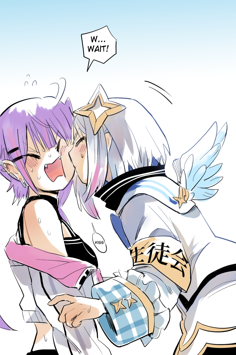 ..., 2girls, amane_kanata, blush, ear_piercing, english_text, closed_eyes, fangs, halo, highres, hololive, kamejikiriga, kiss, kissing_cheek, long_hair, multicolored_hair, multiple_girls, piercing, pink_hair, purple_hair, short_hair, silver_hair, speech_bubble, star_halo, streaked_hair, sweat, tokoyami_towa, virtual_youtuber, wings, yuri