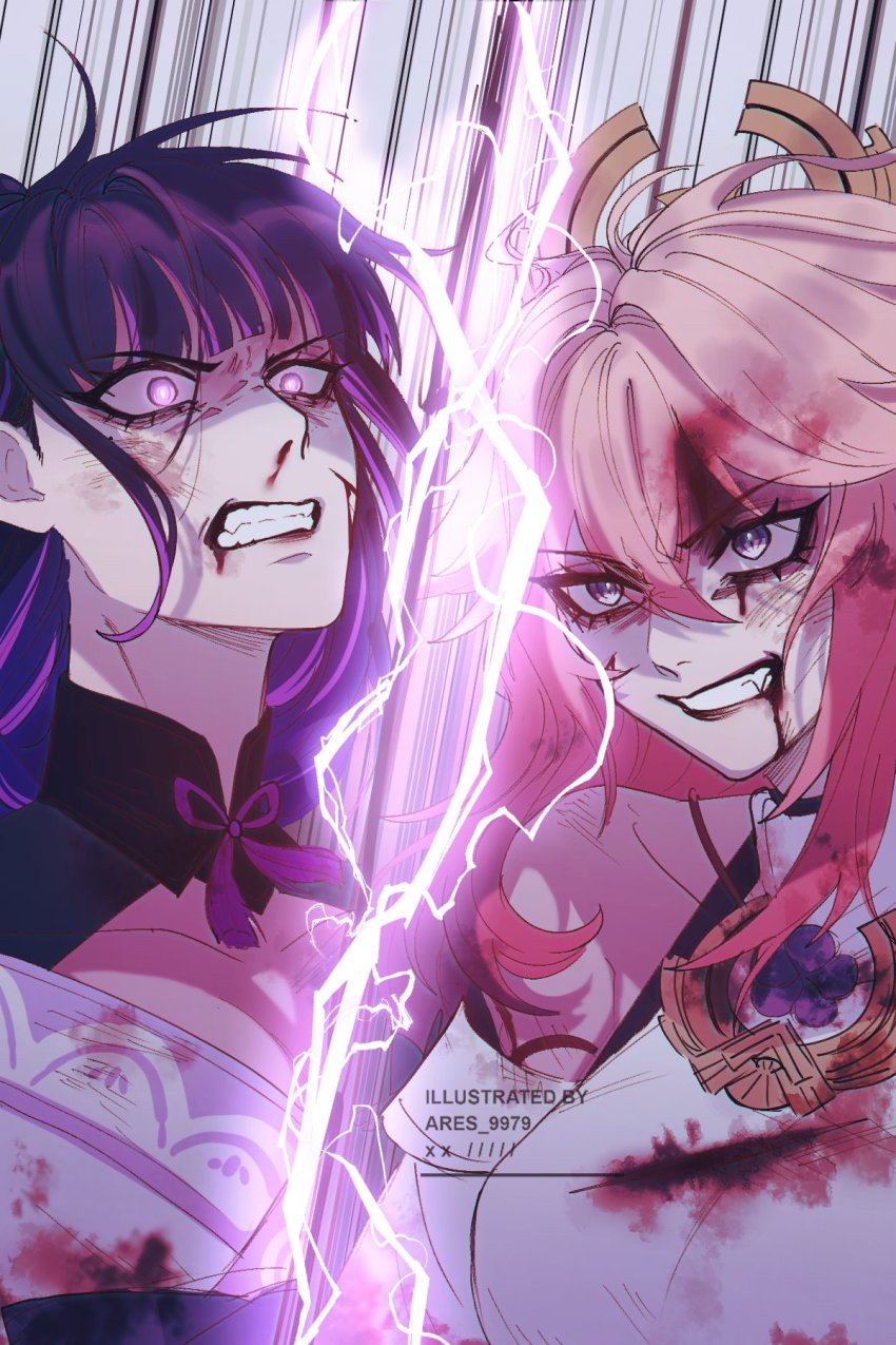 2girls, ares_9979, bare_shoulders, blood, blood_from_mouth, blood_on_clothes, blood_on_face, breasts, cleavage, commentary, detached_sleeves, electricity, english_commentary, genshin_impact, hair_between_eyes, hair_ornament, highres, japanese_clothes, large_breasts, long_hair, mole, mole_under_eye, multiple_girls, pink_hair, purple_eyes, purple_hair, raiden_shogun, ribbon, simple_background, yae_miko