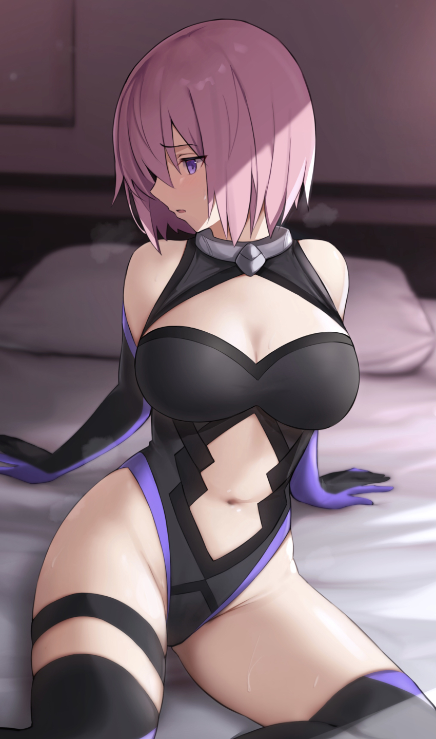 1girl, absurdres, arm_support, bare_shoulders, bed_sheet, bee_doushi, black_leotard, black_thighhighs, blurry, blurry_background, blush, breasts, cleavage, cleavage_cutout, clothing_cutout, depth_of_field, elbow_gloves, fate/grand_order, fate_(series), gloves, heavy_breathing, highleg, highleg_leotard, highres, indoors, large_breasts, leaning_back, leotard, looking_away, looking_to_the_side, mash_kyrielight, navel_cutout, on_bed, parted_lips, pillow, pink_hair, purple_eyes, short_hair, sitting, solo, thighhighs, two-tone_gloves