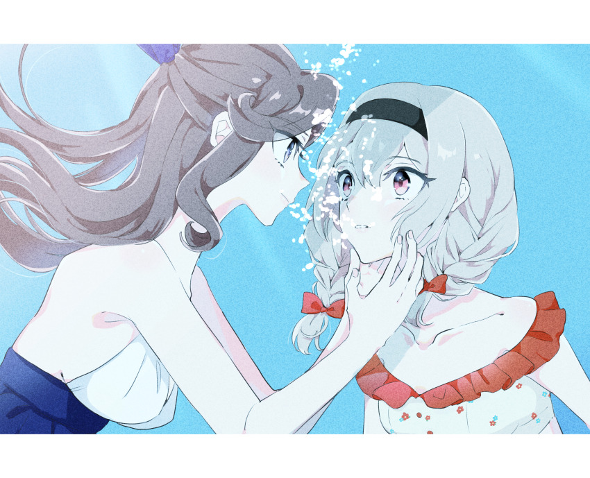 2girls, absurdres, air_bubble, alternate_hairstyle, bare_arms, bare_shoulders, bikini, black_hairband, blonde_hair, blue_eyes, blue_one-piece_swimsuit, blue_ribbon, bow, braid, breasts, brown_hair, bubble, casual_one-piece_swimsuit, closed_mouth, collarbone, day, eye_contact, fingernails, floating_hair, floral_print, frilled_bikini, frills, from_side, hair_between_eyes, hair_bow, hair_ribbon, hairband, half_updo, hand_on_another's_chin, hands_on_another's_face, hands_up, haruhana_aya, highres, huge_filesize, large_breasts, letterboxed, light_smile, long_hair, looking_at_another, low_twintails, medium_breasts, multiple_girls, off-shoulder_bikini, off_shoulder, official_alternate_costume, one-piece_swimsuit, parted_lips, pink_eyes, print_bikini, profile, red_bow, ribbon, saijo_claudine, shoujo_kageki_revue_starlight, shoujo_kageki_revue_starlight_-re_live-, sideboob, sidelocks, sunlight, swimsuit, tendo_maya, twin_braids, twintails, two-tone_swimsuit, underwater, upper_body, white_bikini, white_one-piece_swimsuit, yuri