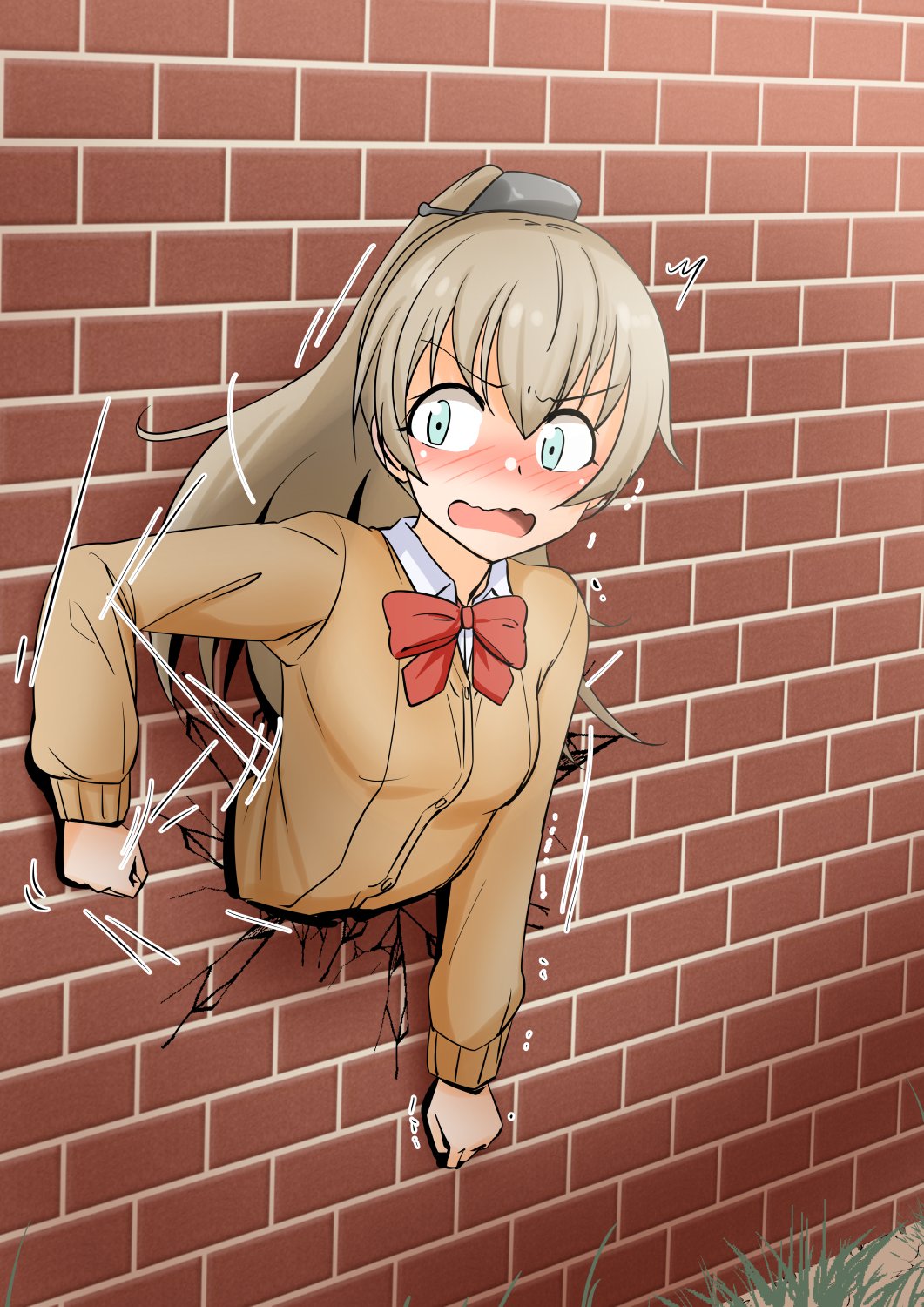 1girl, blazer, blue_eyes, blush, bow, bowtie, brown_hair, brown_jacket