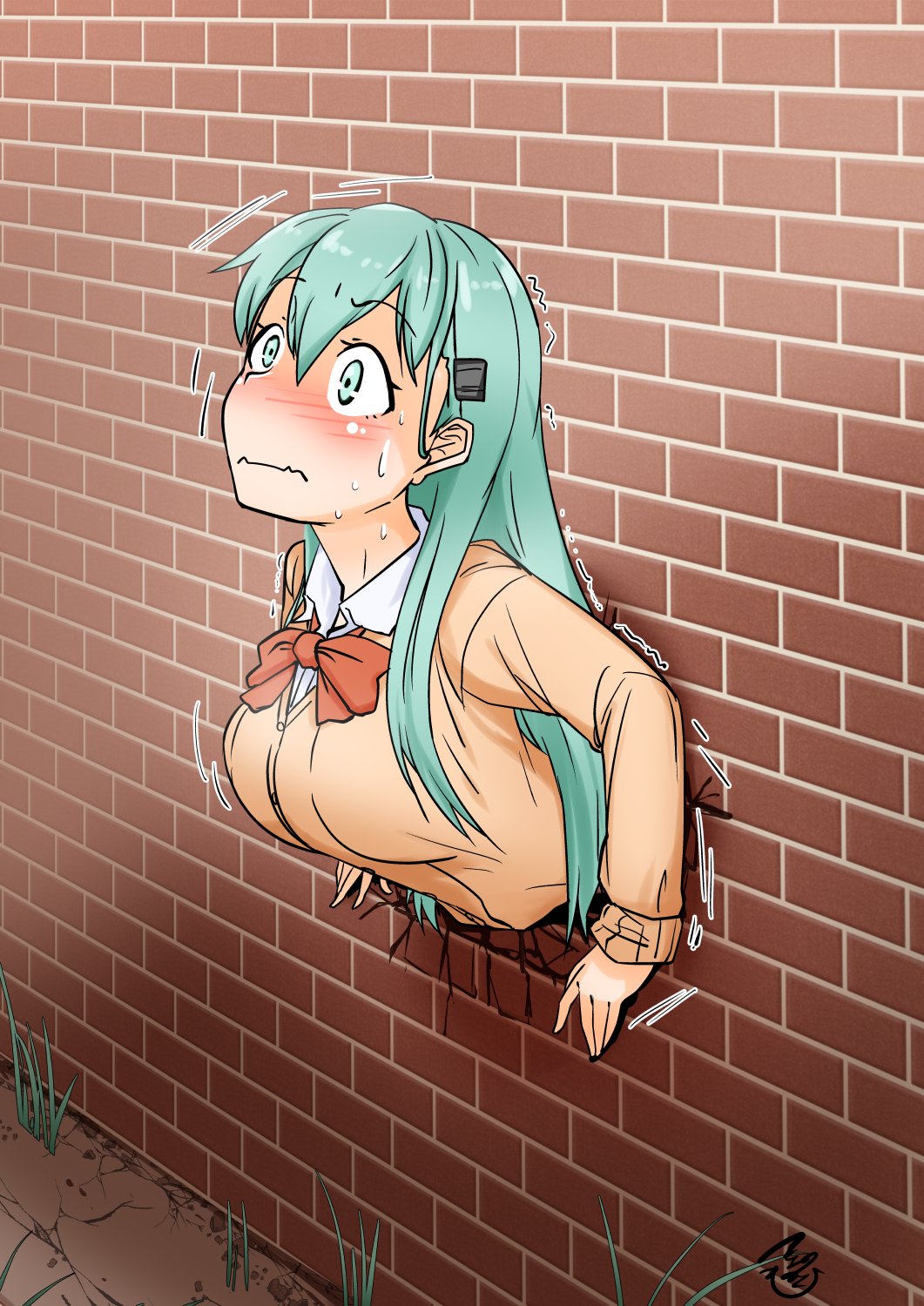 1girl, aqua_eyes, aqua_hair, blazer, blush, bow, bowtie, breasts, brown_jacket, cardigan, hair_ornament, hairclip, highres, jacket, kantai_collection, large_breasts, long_hair, ribbon, school_uniform, stuck, suzuya_(kancolle), suzuya_kai_ni_(kancolle), sweat, through_wall, trembling, tsukino_murakumo, vest