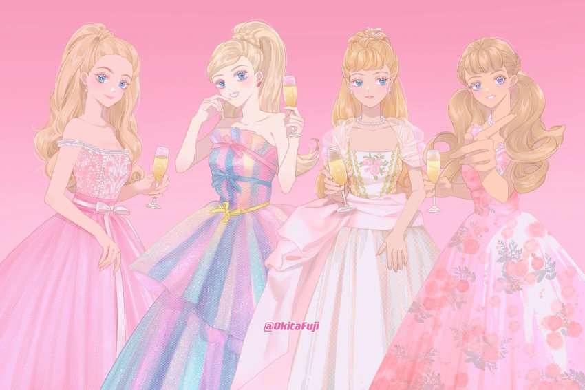 4girls, alcohol, artist_name, barbie_(character), barbie_(franchise), bare_shoulders, belt, birthday_party, birthday_wishes_barbie, blonde_hair, blue_eyes, blue_ribbon, breasts, champagne, champagne_flute, cup, curly_hair, doll, dress, drinking_glass, embellished_costume, floral_dress, floral_print, formal_clothes, gold_trim, gown, graphic_dress, half_updo, hand_on_own_face, highres, holding, holding_cup, jewelry, multicolored_dress, multiple_girls, necklace, off-shoulder_dress, off_shoulder, okitafuji, pearl_necklace, pink_background, pink_dress, pink_lips, pointing, ponytail, puffy_dress, puffy_short_sleeves, puffy_sleeves, ribbon, rose_print, sash, see-through_clothes, see-through_sleeves, short_sleeves, signature, sleeveless, sleeveless_dress, tan, toy, twintails, white_dress, white_ribbon, yellow_ribbon