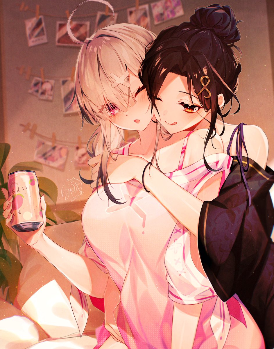 2girls, ahoge, bare_shoulders, bed, behind_another, black_hair, breasts, can, eyes_visible_through_hair, food, fruit, gradient_clothes, gradient_hair, hair_ornament, hair_over_one_eye, highres, hug, large_breasts, mizuki_fua, mole, mole_under_eye, multicolored_hair, multiple_girls, nijisanji, photo_(object), pillow, pink_eyes, pink_shirt, purple_eyes, shirayuki_tomoe, shirt, silver_hair, strawberry, sukoya_kana, virtual_youtuber, white_headwear, white_shirt, yellow_eyes, yuri