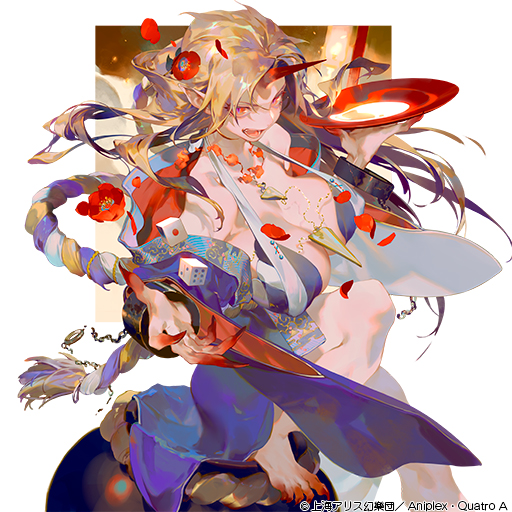 1girl, blonde_hair, breasts, clothing_request, cup, dice, fingernails, flower