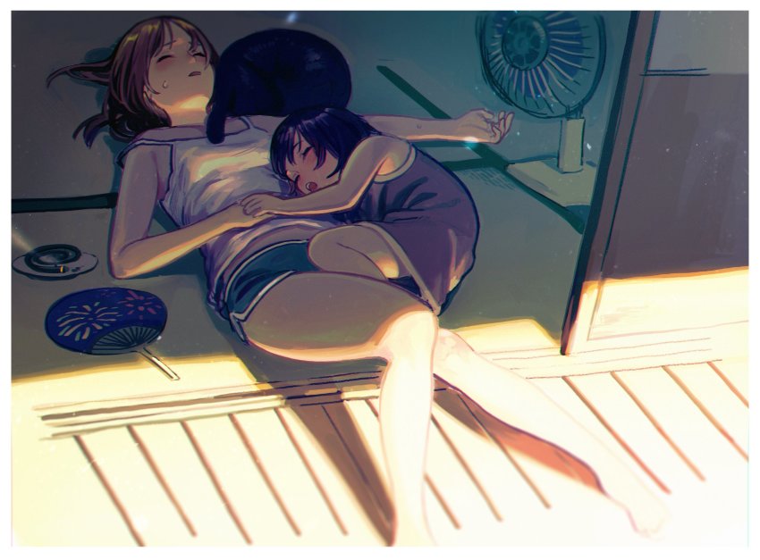 2girls, black_hair, border, child, dolphin_shorts, dress, electric_fan, closed_eyes