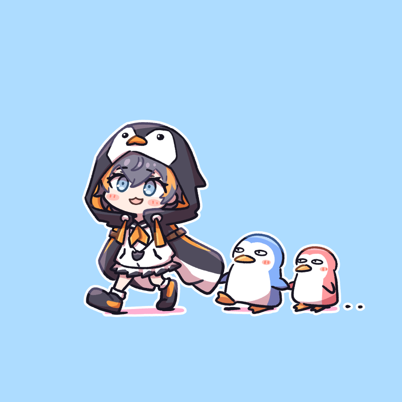 1girl, 2others, animal_hood, bird, black_footwear, blue_background, blue_eyes, grey_hair, hood, jacket, long_sleeves, miniskirt, multicolored_hair, multicolored_jacket, multiple_others, nijisanji, nijisanji_en, penguin, penguin_hood, petra_gurin, petra_gurin_(1st_costume), pongari, short_hair, simple_background, skirt, sleeves_past_wrists, streaked_hair, virtual_youtuber, wide_sleeves