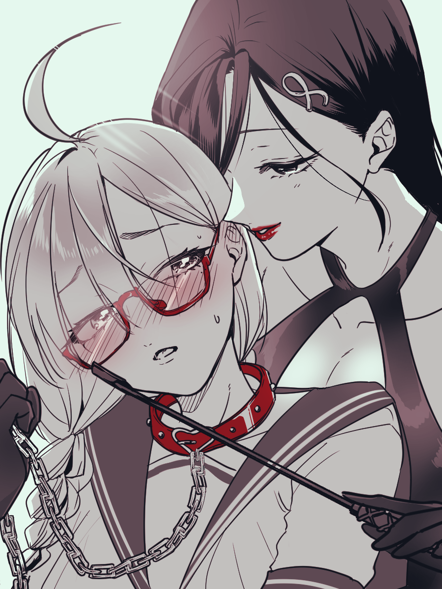 2girls, ahoge, alt_o_ekaki, blush, braid, breasts, chain, cleavage, collar, collarbone, glasses, green_background, hair_behind_ear, hair_over_one_eye, highres, holding, holding_chain, holding_riding_crop, holding_whip, looking_back, mole, mole_under_eye, multiple_girls, nijisanji, one_eye_covered, parted_lips, portrait, riding_crop, shirayuki_tomoe, smile, spot_color, sukoya_kana, virtual_youtuber, yuri