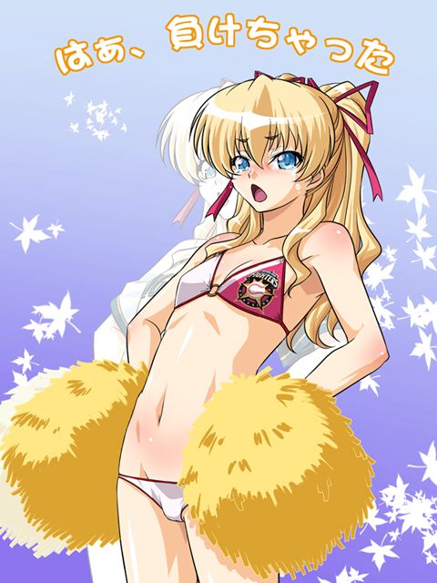 1girl, bare_shoulders, bikini, blonde_hair, blue_eyes, cheerleader, emina&amp;aki, female_focus, flat_chest, hands_on_own_hips, hokkaido_nippon-ham_fighters, kagami_hirotaka, long_hair, macika, navel, nippon_professional_baseball, original, pom_pom_(cheerleading), ponytail, solo, swimsuit, tears, translated, zoom_layer