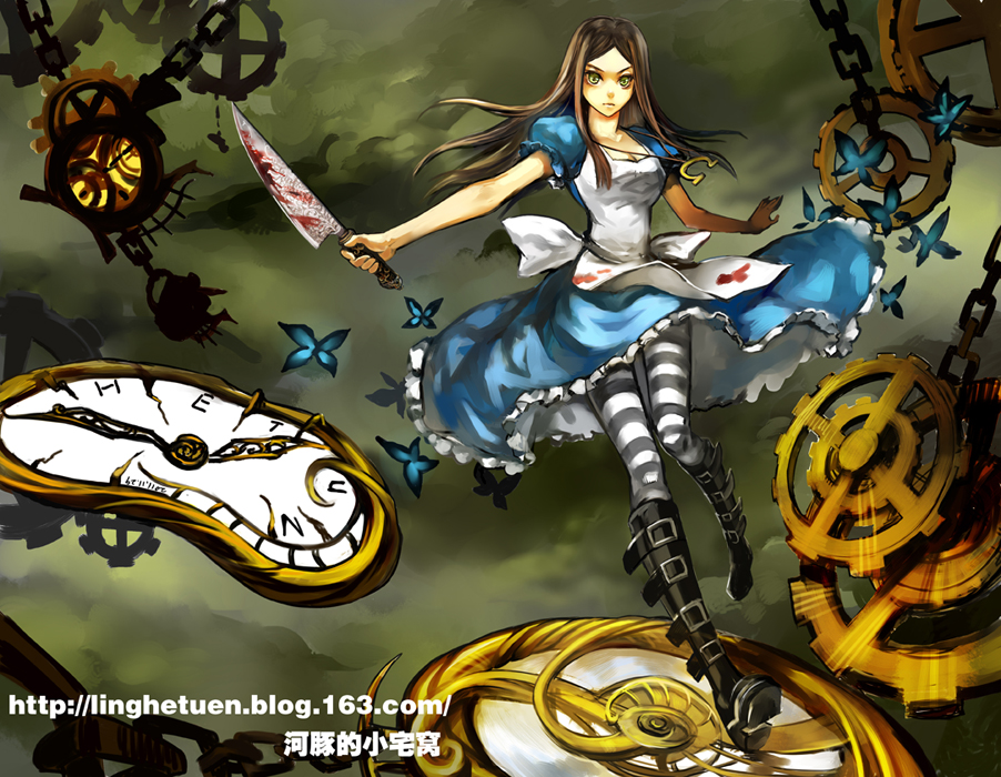 1girl, alice:_madness_returns, alice_(alice_in_wonderland), american_mcgee's_alice, apron, black_hair, breasts, closed_mouth