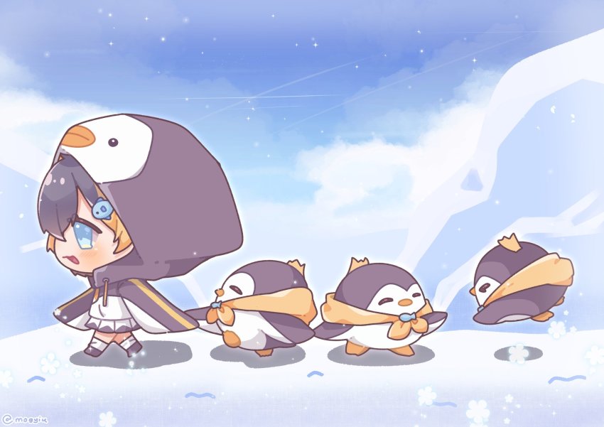 1girl, animal_hood, bird, black_footwear, blonde_hair, blue_eyes, blush, brown_hair, chibi, cloud, fang, highres, hood, mogyiu, mountain, multicolored_hair, nijisanji, nijisanji_en, open_mouth, penguin, penguin_hood, petra_gurin, skin_fang, skirt, sky, smile, snow, solo_focus, streaked_hair, virtual_youtuber, walking, white_skirt