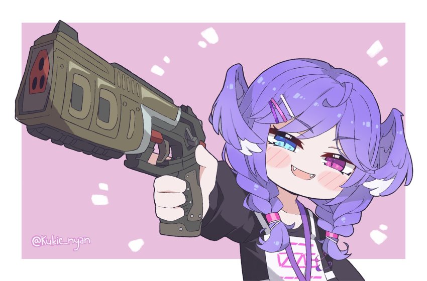 1girl, apex_legends, blue_eyes, collarbone, energy_gun, fangs, gun, hair_ornament, hairclip, handgun, head_wings, heterochromia, highres, holding, holding_gun, holding_weapon, kukie-nyan, lanyard, nijisanji, nijisanji_en, open_mouth, pistol, purple_eyes, purple_hair, sa-3_mozambique, selen_tatsuki, selen_tatsuki_(1st_costume), shotgun, smile, smug, solo, trigger_discipline, twitter_username, upper_body, virtual_youtuber, weapon, wings