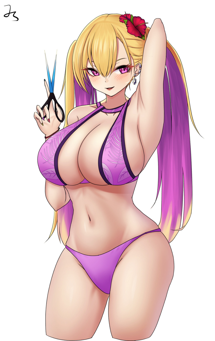 1girl, absurdres, arm_up, armpits, bikini, blonde_hair, boryeon_(last_origin), breasts