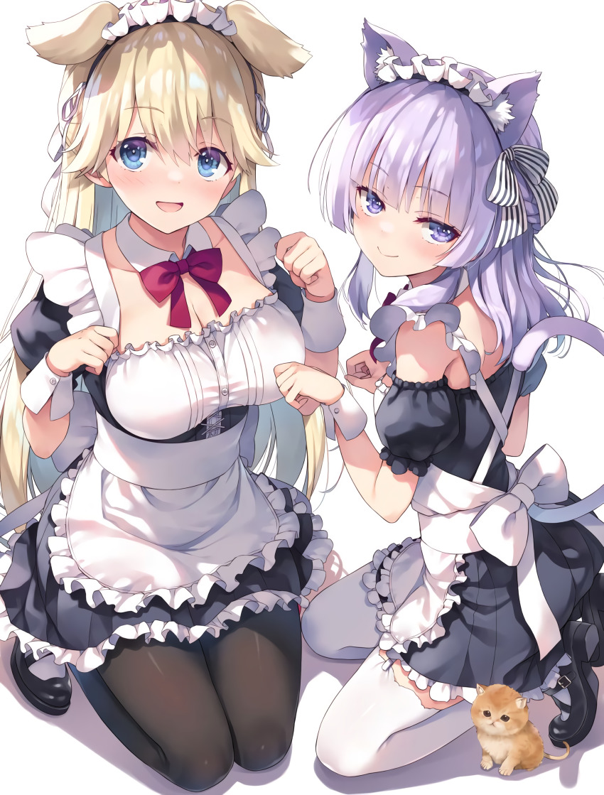 2girls, absurdres, animal, animal_ears, apron, baby_animal, black_footwear, blonde_hair