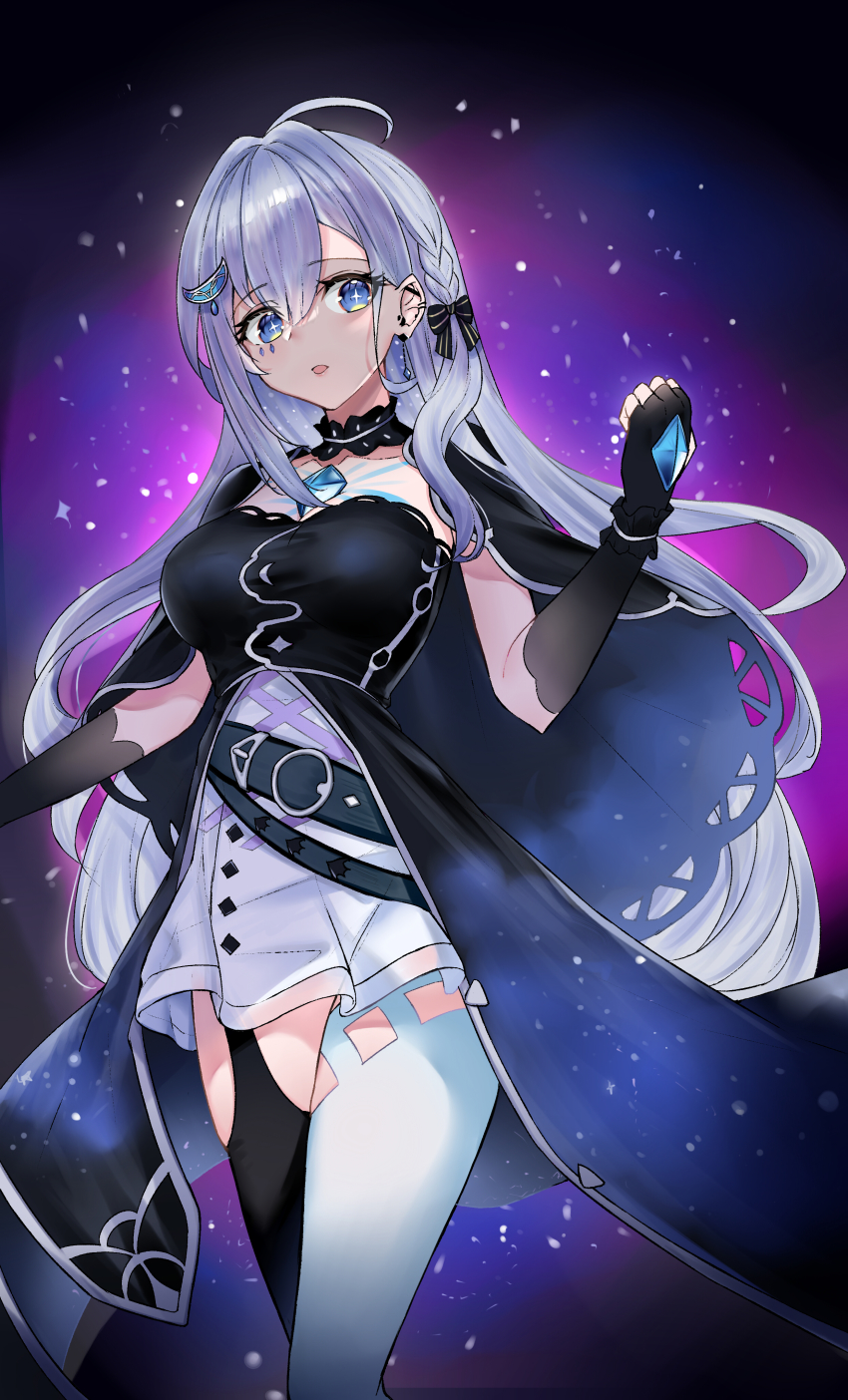 1girl, absurdres, another_project, belt, black_dress, black_gloves, black_thighhighs, blue_belt