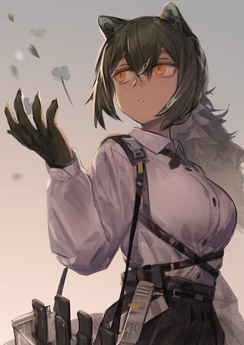 1girl, animal_ears, arknights, blouse, breasts, brown_eyes, brown_hair, collared_shirt