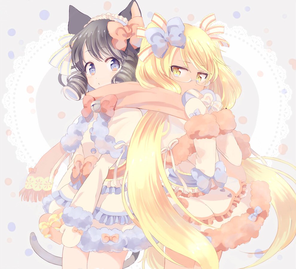 2girls, animal_ears, bell, blonde_hair, blue_eyes, blue_hair, bow, cat_ears, cat_girl, cat_tail, cowboy_shot, cyan_(show_by_rock!!), dress, drill_hair, glasses, hair_bow, hairband, covering_own_mouth, jingle_bell, kamo_(purin), long_hair, looking_at_another, looking_to_the_side, medium_hair, multiple_girls, retoree_(show_by_rock!!), scarf, shared_clothes, shared_scarf, show_by_rock!!, simple_background, tail, very_long_hair, winter_clothes, winter_gloves, yellow_eyes, yuri