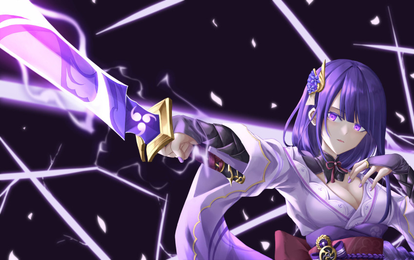 1girl, black_background, breasts, cleavage, commentary_request, electricity, flower, genshin_impact