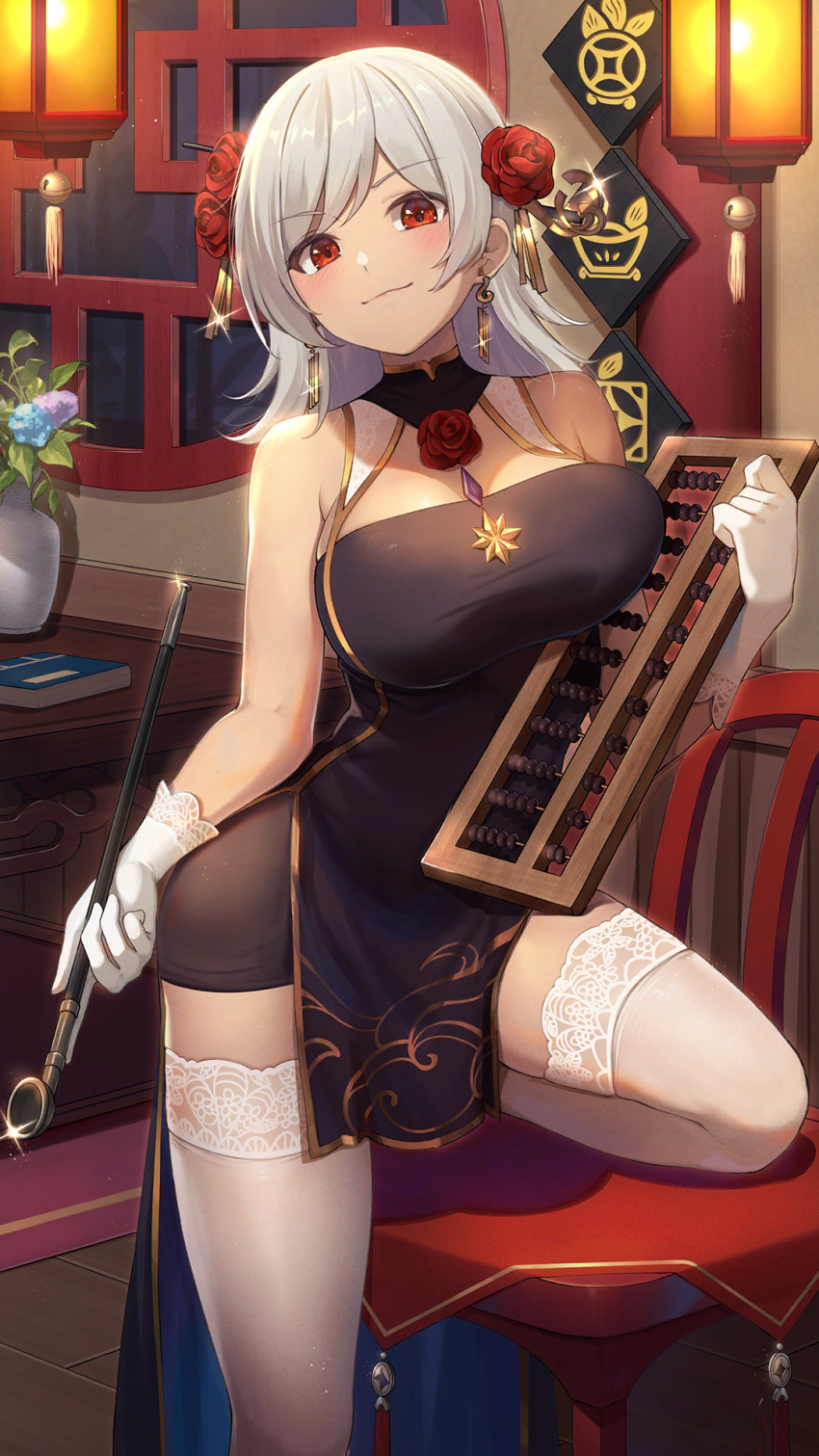 1girl, abacus, bare_arms, bare_shoulders, black_dress, breasts, chair, china_dress